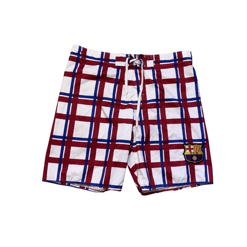 FC Barcelona Board Shorts Mens 36 Plaid Swim Trunks Icon Sports Group Vintage